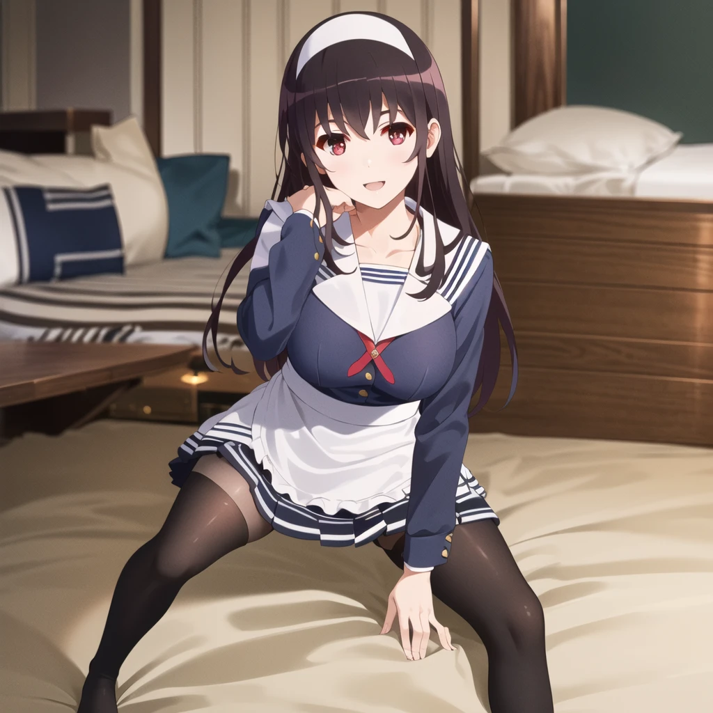 (((Tabletop, Highest quality, High resolution, Pixel perfect, Depth of written boundary, 4K, Pixel Perfect, Perfect in every detail,nsfw,,clothes lift,beautiful red eyes,large breasts,light smile,dpubic hair,alon,solo focus,clothes lift,1 girl,black thigh-high socks))((((bed room,maid)))),masterpiece, highest quality, High resolution, morning, Long Hair, Black Hair, hair band, , Sailor collar, Blue Blazer, Long sleeve, Pleated skirt, Blue Skirt, Black Pantyhose, standing, smile, Open your mouth,