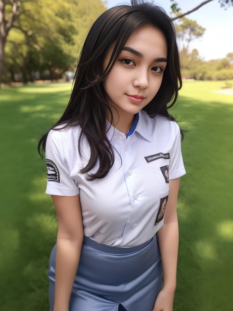 1girl, (uniform), standing, outdoors, detailed face, detailed eyes, thick breasts, shiny skin, tight shirt, grey blue short skirt, looking at the audience, low angle shot,(8k, RAW photo, best quality, masterpiece: 1.2), (realistic, realistic: 1.37), ultra-high resolution
