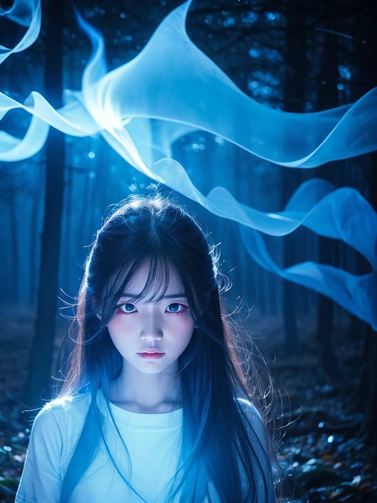 Blue Flame、ghost、Dark Forest、night、深night、Red eyes、Apparition、mysterious、lake、Foggy、turn around、spirit、Illusion、woman、turn around、Hair fluttering in the wind、Copyright circumvention、Blue light、