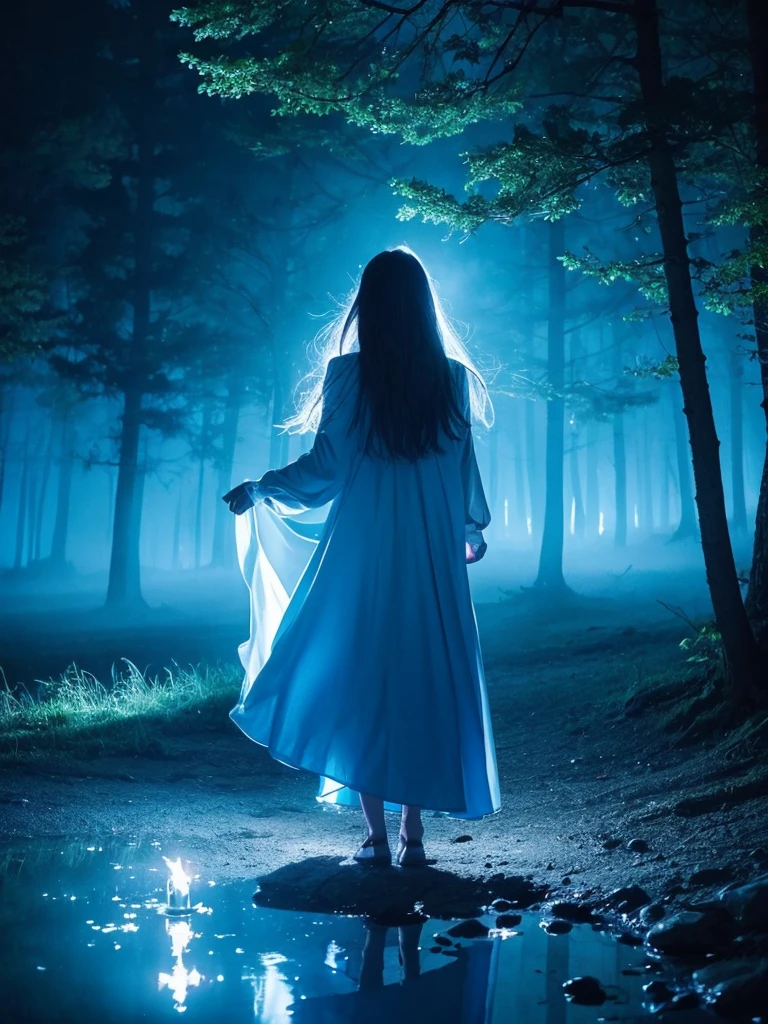 Blue Flame、ghost、Dark Forest、night、深night、Red eyes、Apparition、mysterious、lake、Foggy、turn around、spirit、Illusion、woman、turn around、Hair fluttering in the wind、Copyright circumvention、Blue light、