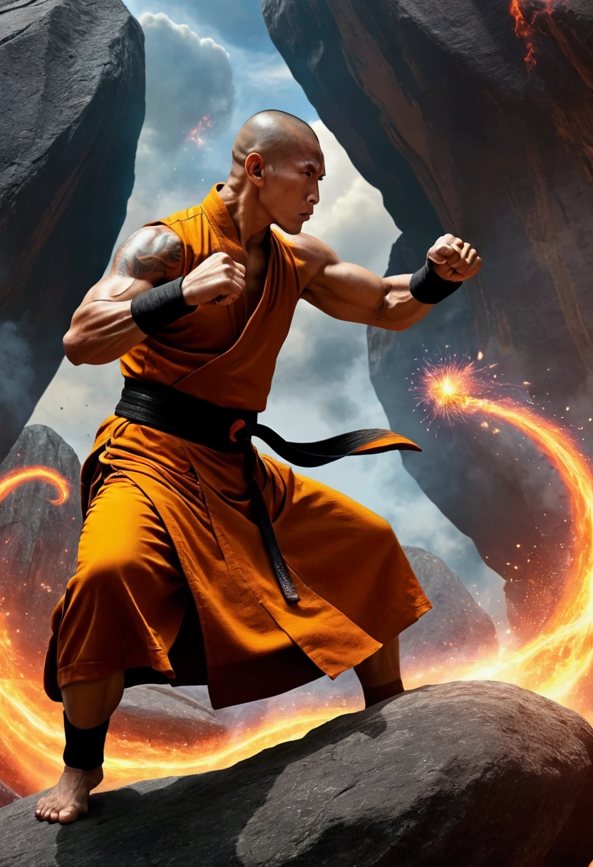 a monk practicing kungfu martial art demonstrating inner power punch in dragon style crushing a big rock, the power shows as a fire dragon emerge from his fist, photo realistic, super detailed, dramatic art, photoillustration, nebula explosion background, light energy shoot to the rock. 8k, UHD 