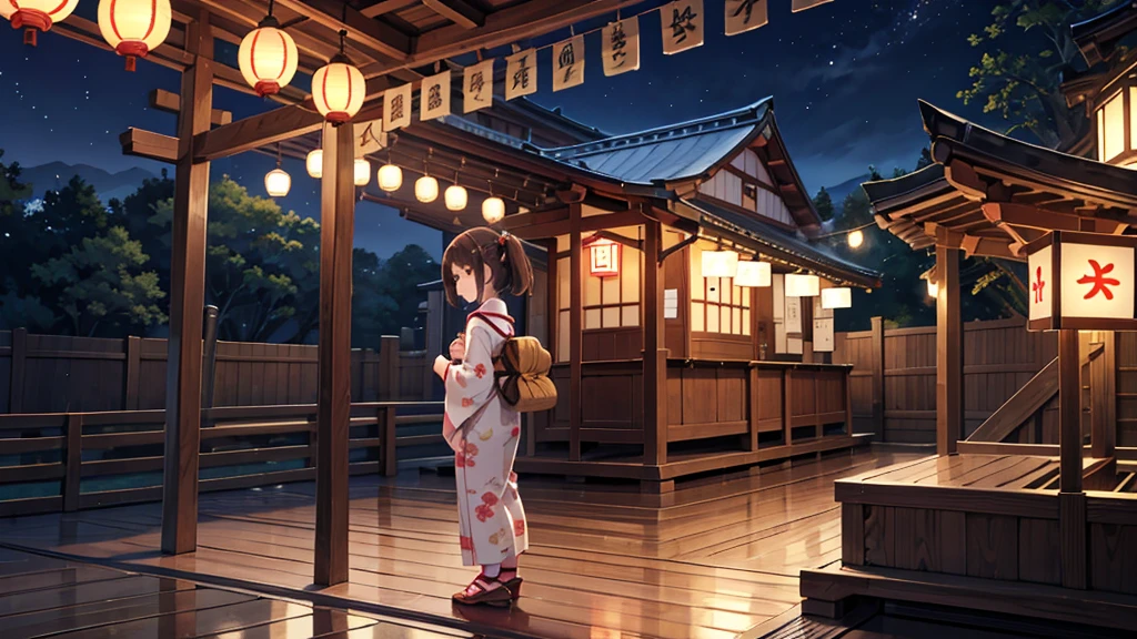 masterpiece, 13 year old girl, short brown hair, brown eye, profile, yukata, geta, wooden clogs, whole body, from head to foot, Japan festival, shrine, paper lantern, night, stall, game stall