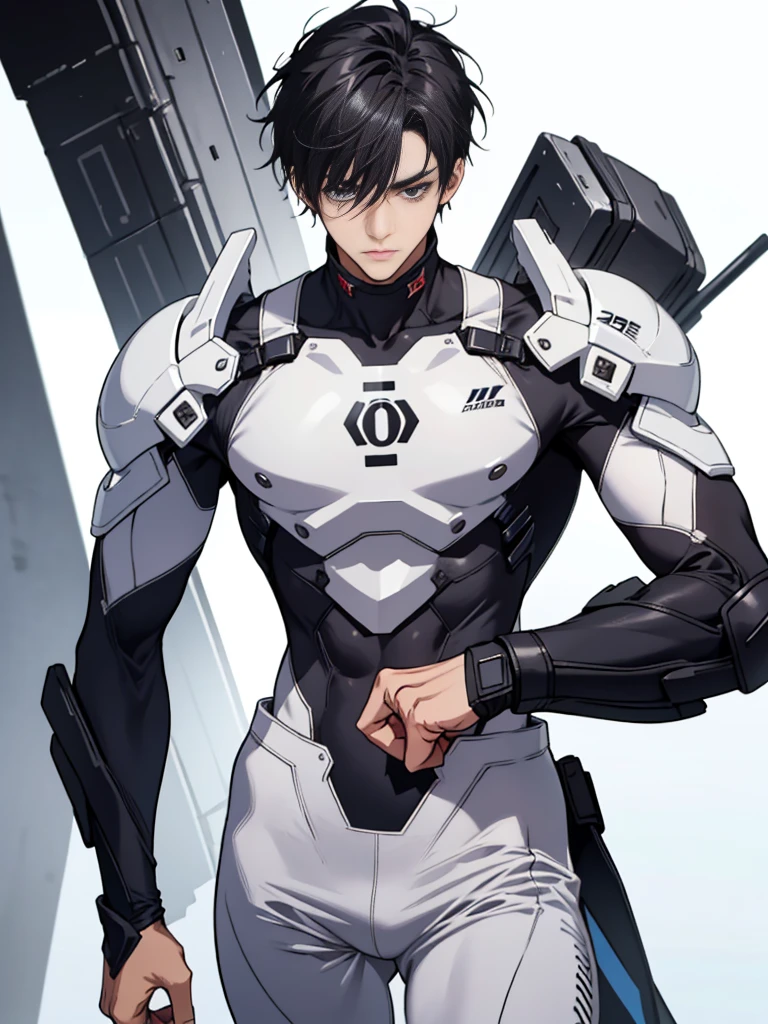 Japanese Male Model Cool 25 year old Short black hair slim and muscular intense Bright screen Close-up image Very tight white rubber suit Hero whole body, sexy