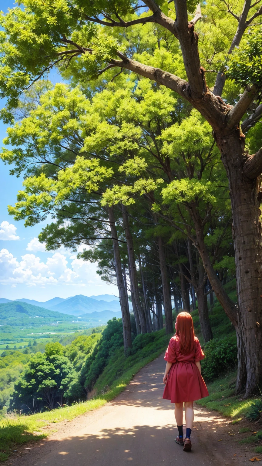 anime-style illustration, a young woman standing on a footpath in hills overlooks the vast expanse of clear blue sky and underneath a large mountain and rural, small rocks, tree branches, fallen leaves, birds, The scene is depicted in a highly saturated and vibrant style, intense and rich colors vivid, flower colorful color blue red green purple yellow, rendered with strong exaggerated colors, The sky above is clear blue sky, The atmosphere is full of magical color films, High Detail.
