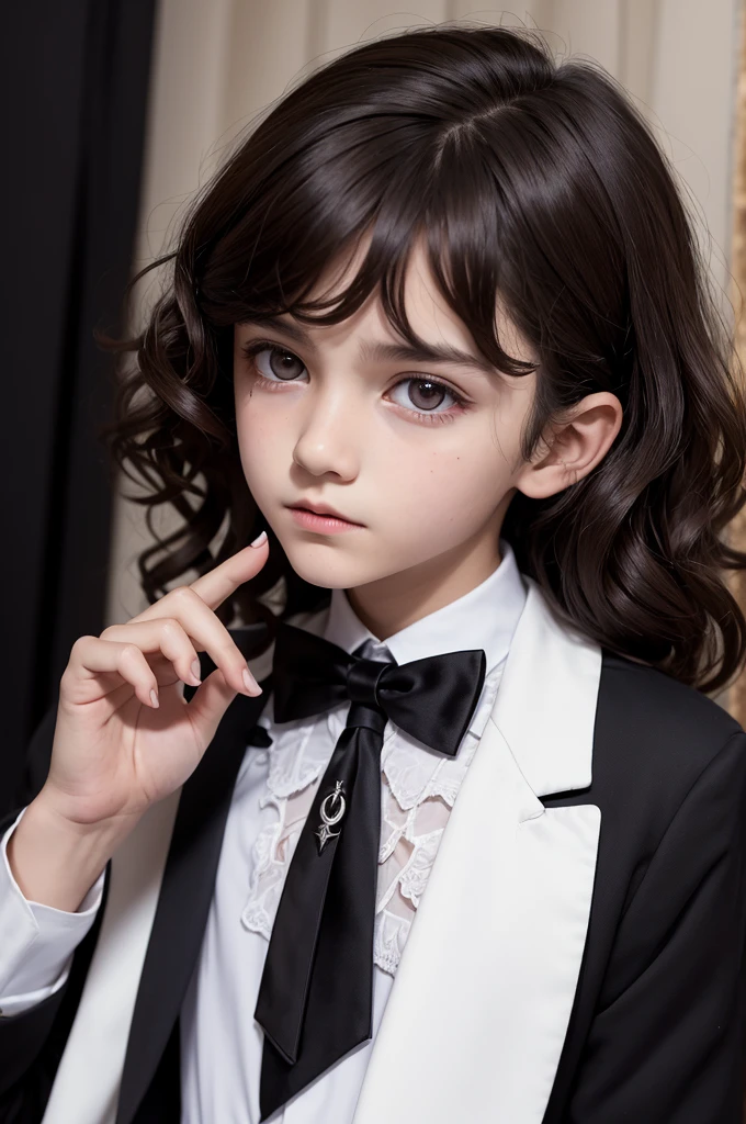 a boy with curly dark blond hair combed back with a suspicious face doing the Baphomet sign with a black vampire blouse and a white blazer over it
