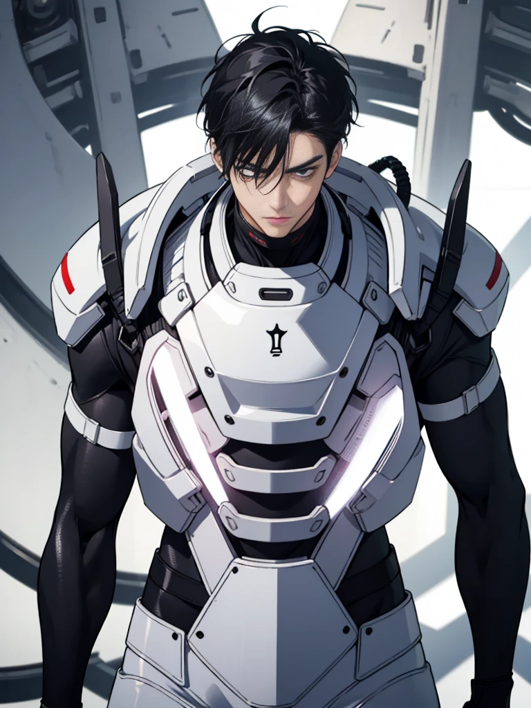 Japanese Male Model Cool 25 year old Short black hair slim and muscular intense Bright screen Close-up image Very tight white rubber suit Hero whole body, sexy