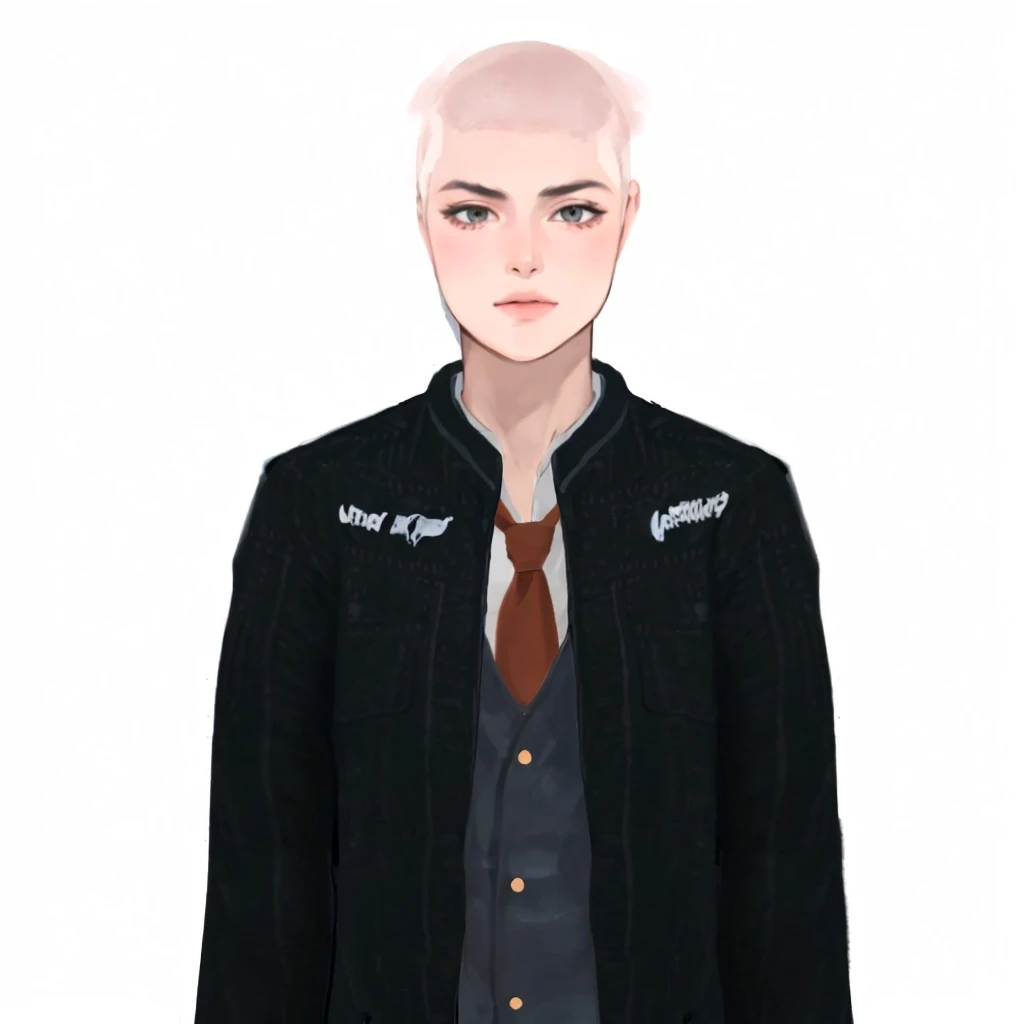 (masterpiece:1.2, best quality), (1girl, solo, upper body:1.2),flat face,Hair: buzz cut, Clothing: oversized, distressed denim jacket with patches and pins, paired with black skinny jeans and combat boots, Hanging out in an underground music venue or street art exhibit