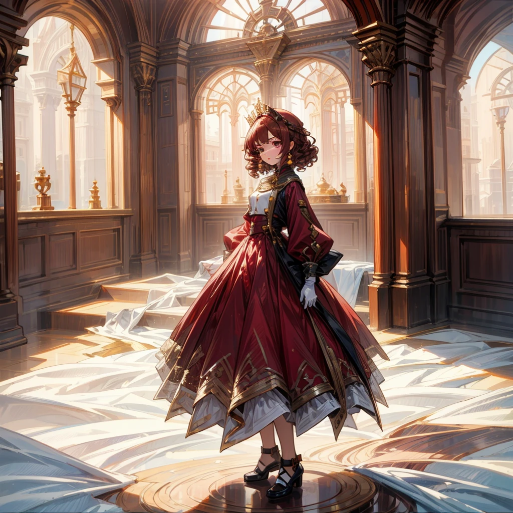 1girl, Full body version, 1character, adult version, purple eyes color, bob haircut, brown colour hair, high dress, red colour clothing, royal queen style clothing, royal Coat, white gloves, Royal head gold crown, gold earrings, background in indoor square castle, motion blur, cute girl, with 2 knight army bodyguard, Large window at the back, sunlight behind the window, lighting, lighting in the room, gold lighting, gold aura, gold, Splendor, majestic aura, (low angle view), (Hunter x Hunter style)