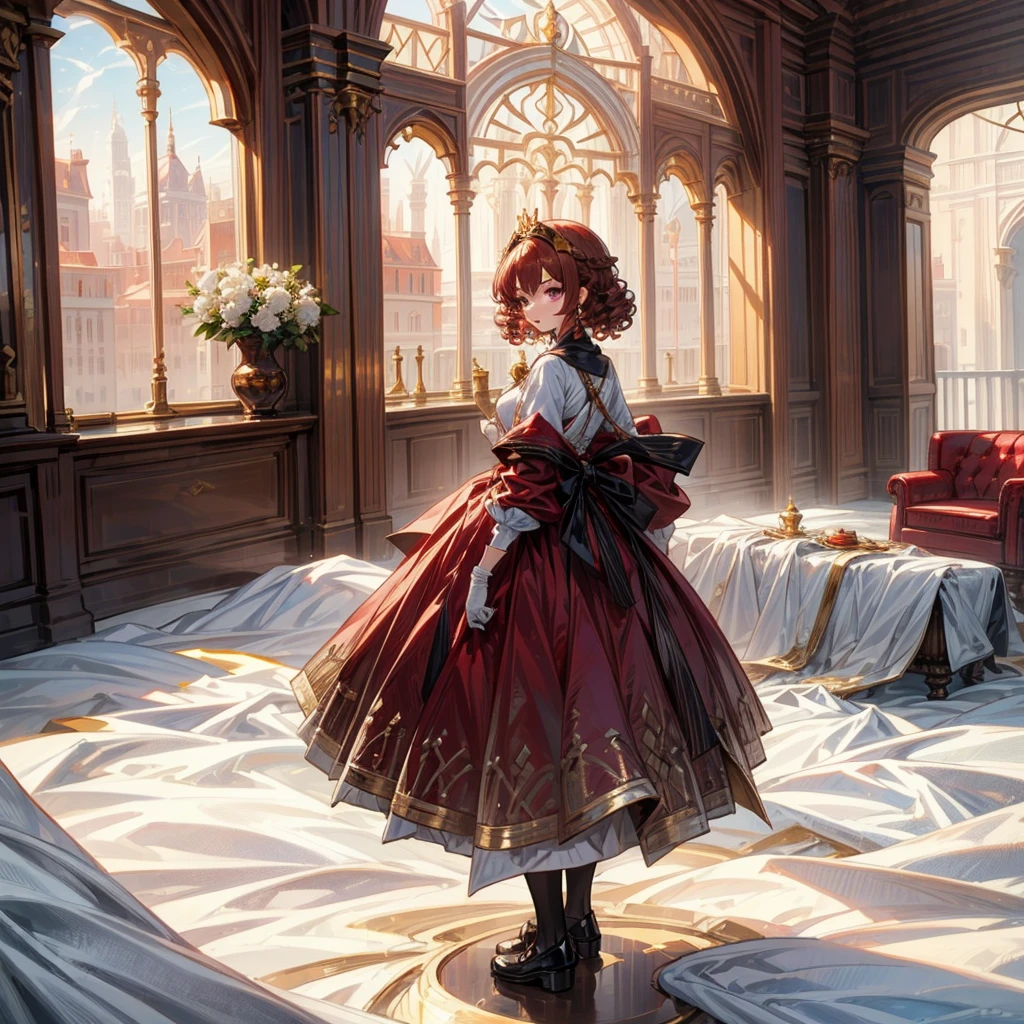 1girl, Full body version, 1character, adult version, purple eyes color, bob haircut, brown colour hair, high dress, red colour clothing, royal queen style clothing, royal Coat, white gloves, Royal head gold crown, gold earrings, background in indoor square castle, motion blur, cute girl, with 2 knight army bodyguard, Large window at the back, sunlight behind the window, lighting, lighting in the room, gold lighting, gold aura, gold, Splendor, majestic aura, (low angle view), (Hunter x Hunter style)