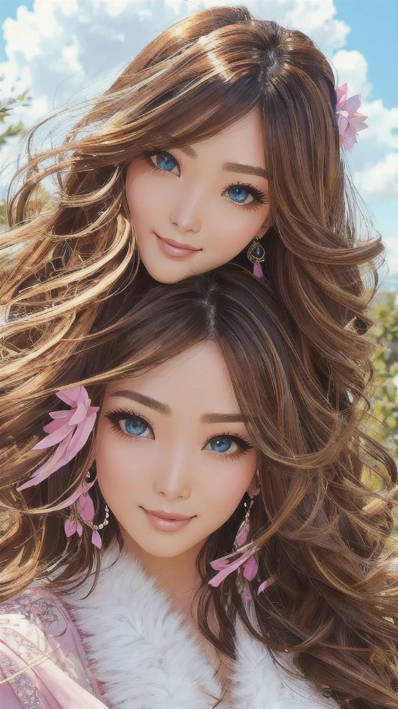 Beauty, Mystical Eyes、Big 、Super sexy、Pale skin、Shiny Hair、Super long hair、Loose and fluffy perm、Close to blonde、Are fat、fat、smile、Heavy makeup、Pink lipstick、Thick lipoisturized lips、Plump、Voluptuous、Indian、spring、Blue sky、White cloud、looking at the camera、Has bangs、Bangs fall on the forehead、Heavy makeup、Heavy makeup、The face is dark、Exotic Face
