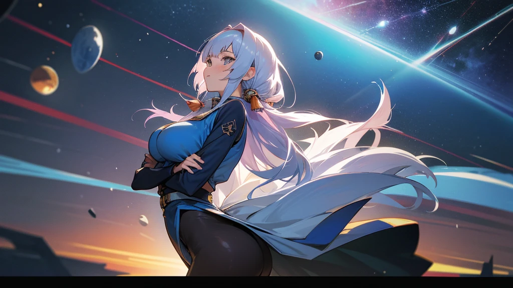 Anime Style,こまかく書き込まれたpeopleがたくさんいる背景,Space Colony,people,笑顔の吟遊詩peopleのエルフ, Woman,Large Breastuding buttocks