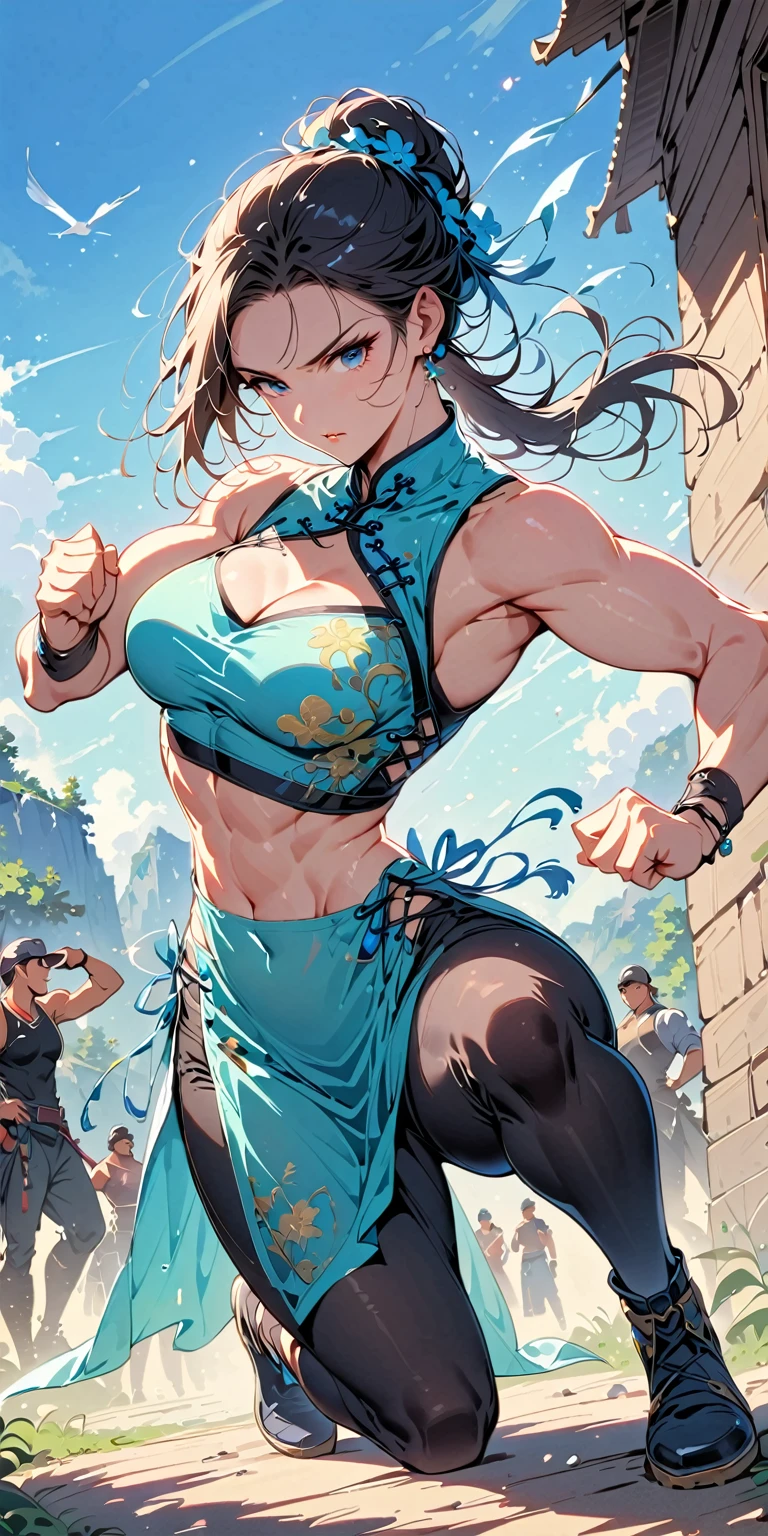 beautiful muscular woman and doing a knee strike, six pack, no men in background , Chinese dress crop top, and leggings, full body portrait