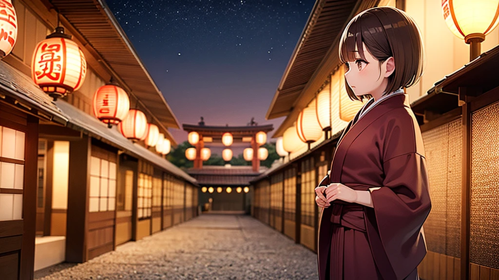 masterpiece, 13 year old girl, short brown hair, brown eye, profile, yukata, whole body, from head to foot, Japan festival, shrine, paper lantern, night, stall, game stall