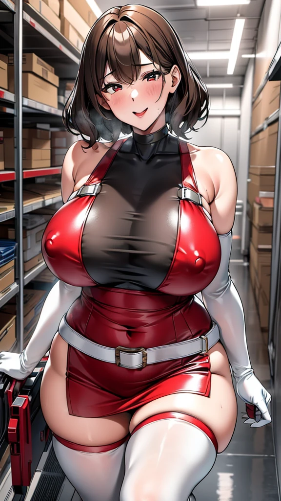 18 year old girl，，Short brown hair，curls，Zhangzui smile，Huge breasts，Cleavage，Transparent red sleeveless top，Leave space in the middle to reveal Cleavage，Soaked all over，blush，Red eyes，female spy，red miniskirt，White gloves，White hand sleeves，White boots，Science fiction，future，Inside the robot warehouse，robot driver，He has a pistol hanging from his waist，Lipstick，Nipples exposed，Metal belt around waist