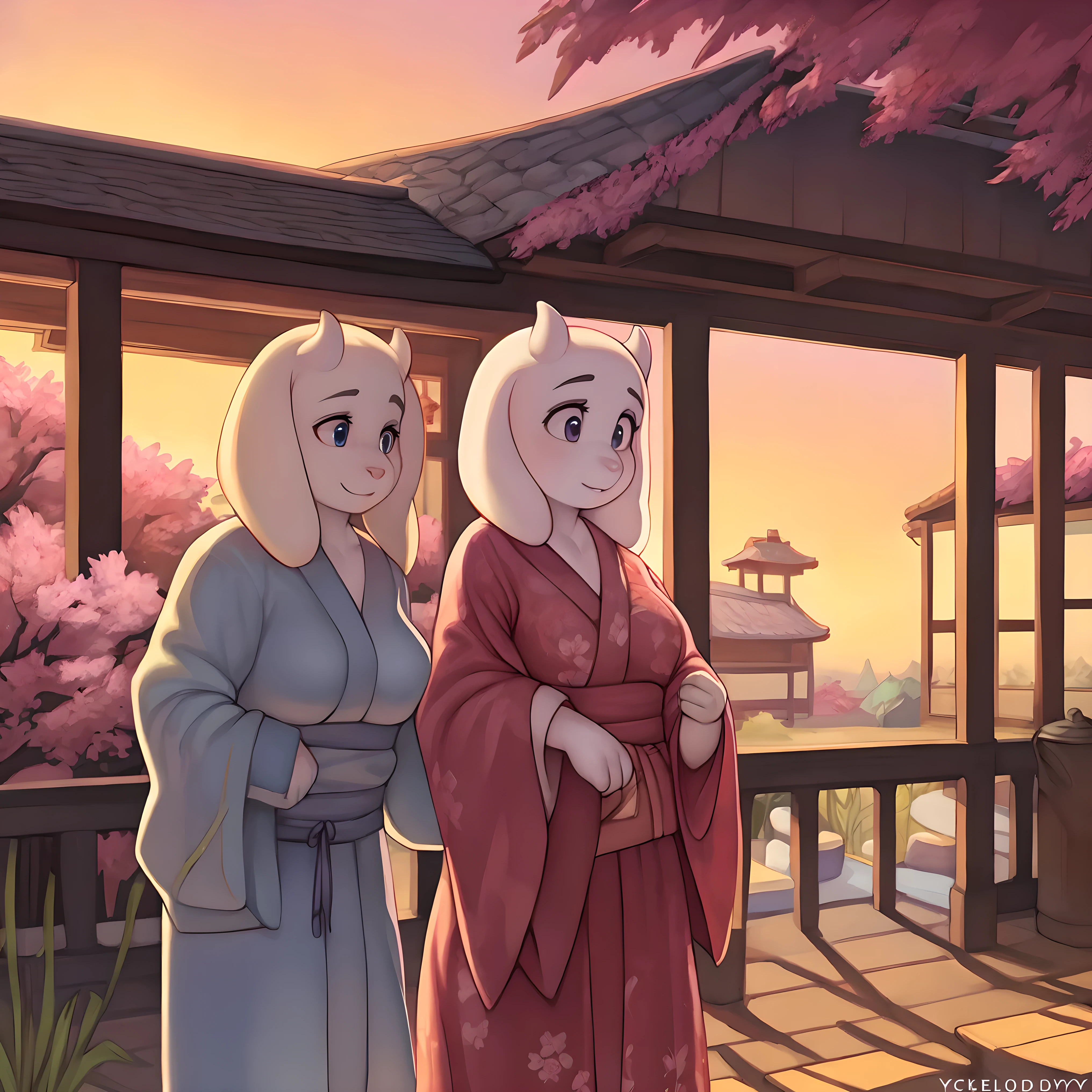 By chelodoy, Toriel, yukata, sakura, sunset, Japanese house on the background