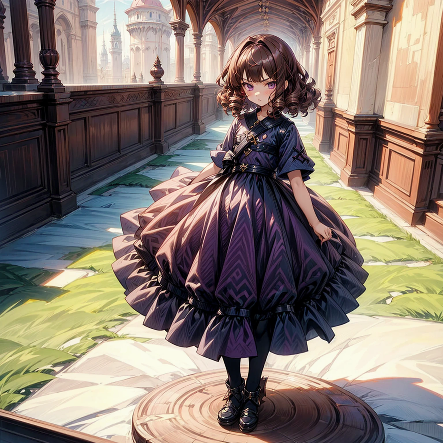 1childern girl, Full body version, 1character,  version, purple eyes color, bob haircut, brown colour hair, Queen style clothing, Grassroots, background in castle, motion blur, cute girl, (Hunter x Hunter style)