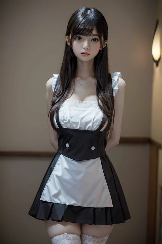 Saito Asuka、Highest quality, masterpiece, Ultra-high resolution,Very detailed、8Kのmasterpiece、Beauty、Super Beauty、30-year-old woman、Adult women、The beauty of raw photography、 Perfect Style、Beautiful navel、The navel１t、Slim and model-like、Height: 155cm, figure、Arms and legs２本ずt、The toes and fingers５本ずt、The structure of the human body is faithfully reproduced、(Realistic: 1.4), RAW Photos, Long black hair、Large Breasts、非常にLarge Breasts、Burstingly Big Breasts、Nicely shaped big breasts、Firm big breasts、Bedroom、Sexy maid outfit、Cute maid outfit、Extreme costumes、Less area for clothes、Belly button sticking out、My belly is sticking out、The chest is open、Perfect cleavage、Sexy clothes、Very short skirt、Pull up your skirt、Black garter belt