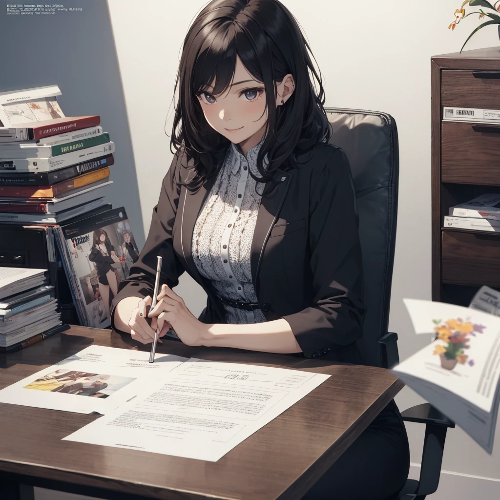 (Best Quality, Masterpiece), office lady Magazine Cover, 1girl, amazing 30 years old wife, stunning, cute, warm smile, hourglass figure, floral dress, office desk, office chair,Lulubre Unity 8K Wallpaper, Beautiful background, clearly, Best Quality, The highest resolution, Best aesthetic,extremely detailed CG unity 8k,azine Cover,text, chart, advertising, magazine title