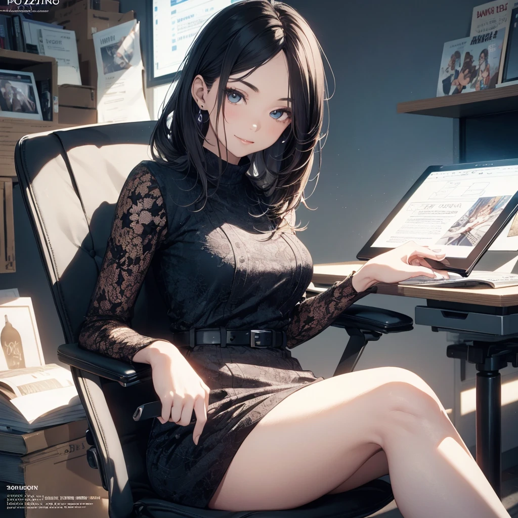 (Best Quality, Masterpiece), office lady Magazine Cover, 1girl, amazing 30 years old wife, stunning, cute, warm smile, hourglass figure, floral dress, office desk, office chair,Lulubre Unity 8K Wallpaper, Beautiful background, clearly, Best Quality, The highest resolution, Best aesthetic,extremely detailed CG unity 8k,azine Cover,text, chart, advertising, magazine title
