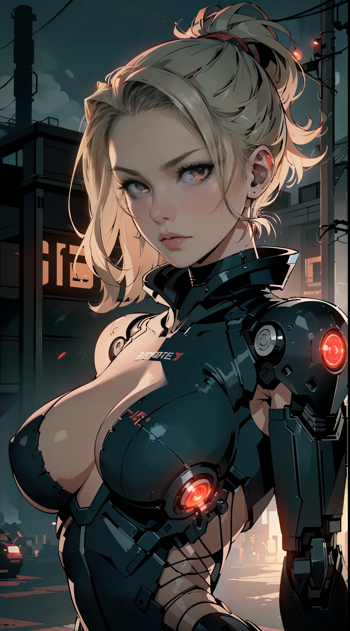 (best quality,ultra-detailed,realistic:1.37),woman cyborg,red eyes,evil,anime,huge ,sleek metallic body,expressionless face,glowing circuits,enormous energy blade,mechanical limbs,dystopian city backdrop,neon lights reflection,dark and ominous atmosphere