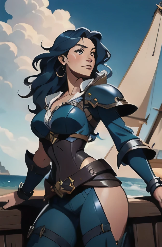 Masterpiece artwork, best quality, detailded, cos, kinematics, 4K, Background with: pirate ship in the blue sea, Caribbean Mature Female Pirate Captain, Blue wavy hair, Wearing leather armor, freckle, cos todo
Esperando começar 