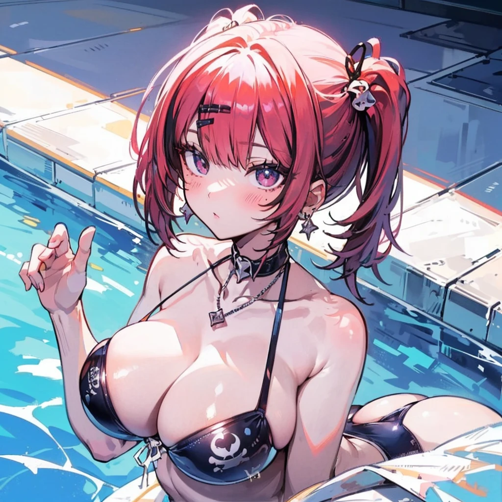 blue necklace, Gold earrings, fit, Gorgeous body, nice, Large pupils, (23 years old), One girl,alone, Complex skin, Warm Light, (Large Breasts), wide thighs, Round ass, Five fingers, ((Blushing)), ((Detailed face, Highest quality)),(beautiful細部までこだわった目), Red lips, eye shadow, beautiful顔, Long Hair, Very fine grain, intricate details of the eye, Perfect Lips, Good lighting, ((masterpiece, Highest quality, High resolution, Super detailed),(beautifully、審美的にもbeautiful:1.2, Showing off the most body), 1 female, High short ponytail, beautiful, Detailed eyes and face, Amazing cleavage , ((Tiny top and latex panty bottoms)), swimming pool, Complex parts,