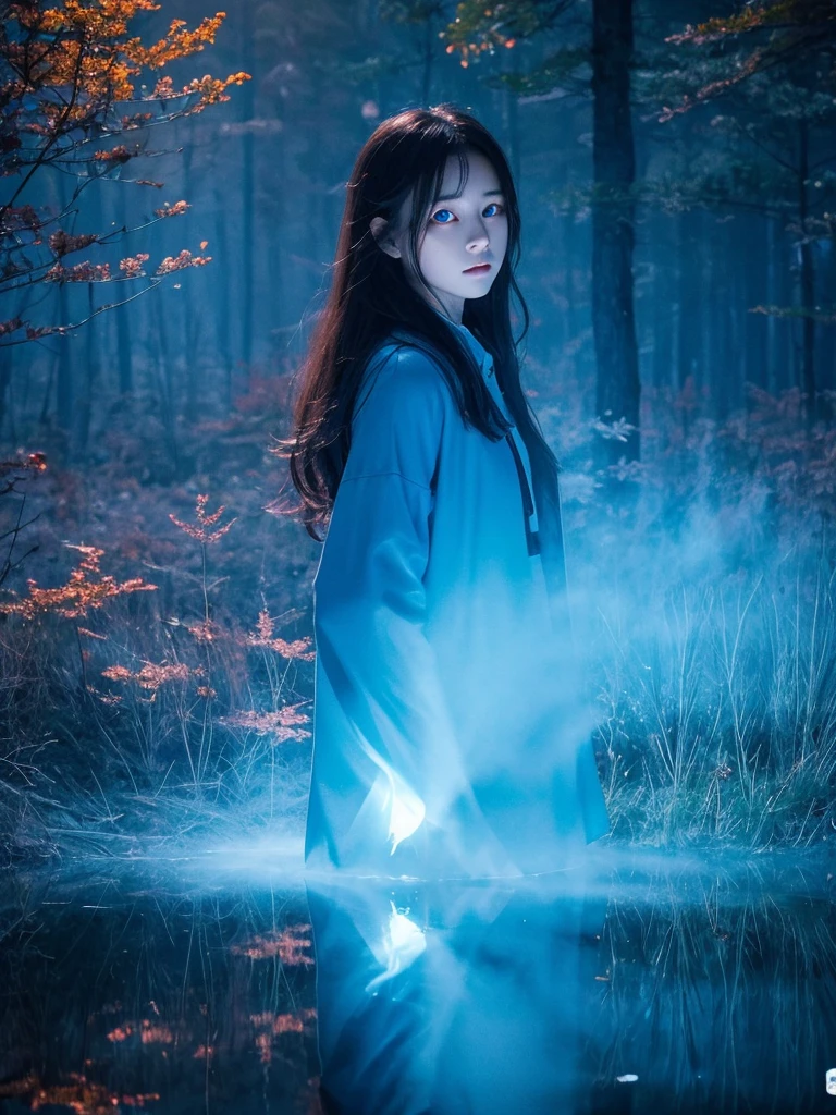 Blue Flame、ghost、Dark Forest、night、深night、Red eyes、Apparition、mysterious、lake、Foggy、turn around、spirit、Illusion、woman、turn around、Hair fluttering in the wind、Copyright circumvention、Blue light、red eyes、lake