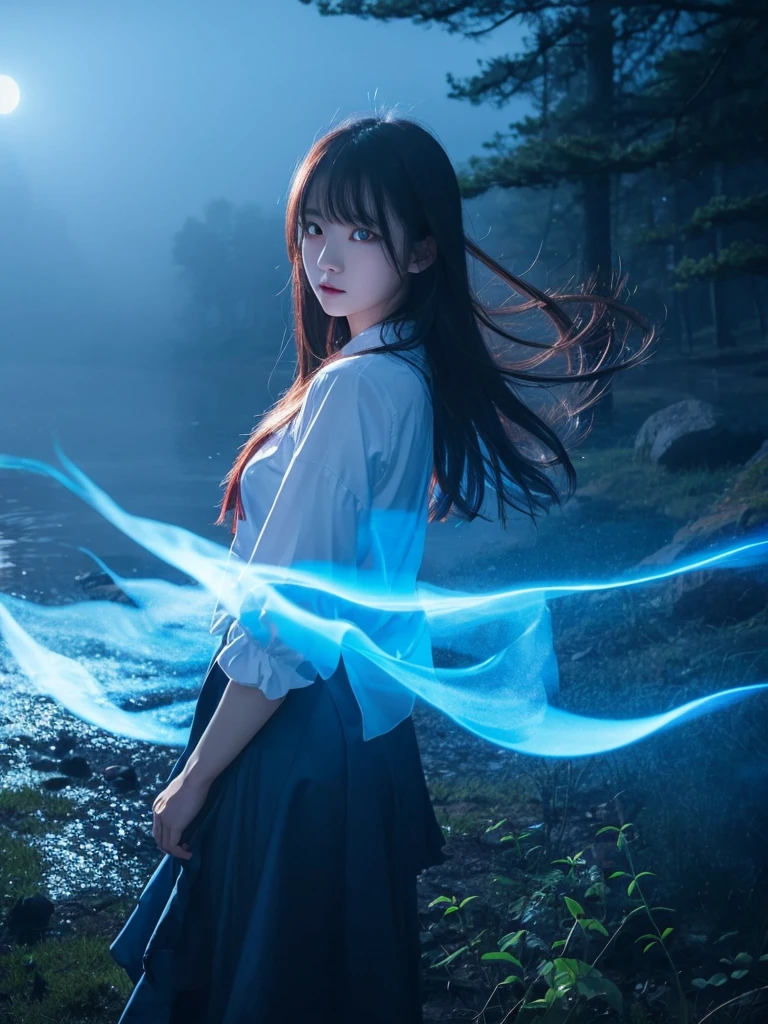 Blue Flame、ghost、Dark Forest、night、深night、Red eyes、Apparition、mysterious、lake、Foggy、turn around、spirit、Illusion、woman、turn around、Hair fluttering in the wind、Copyright circumvention、Blue light、red eyes、lake