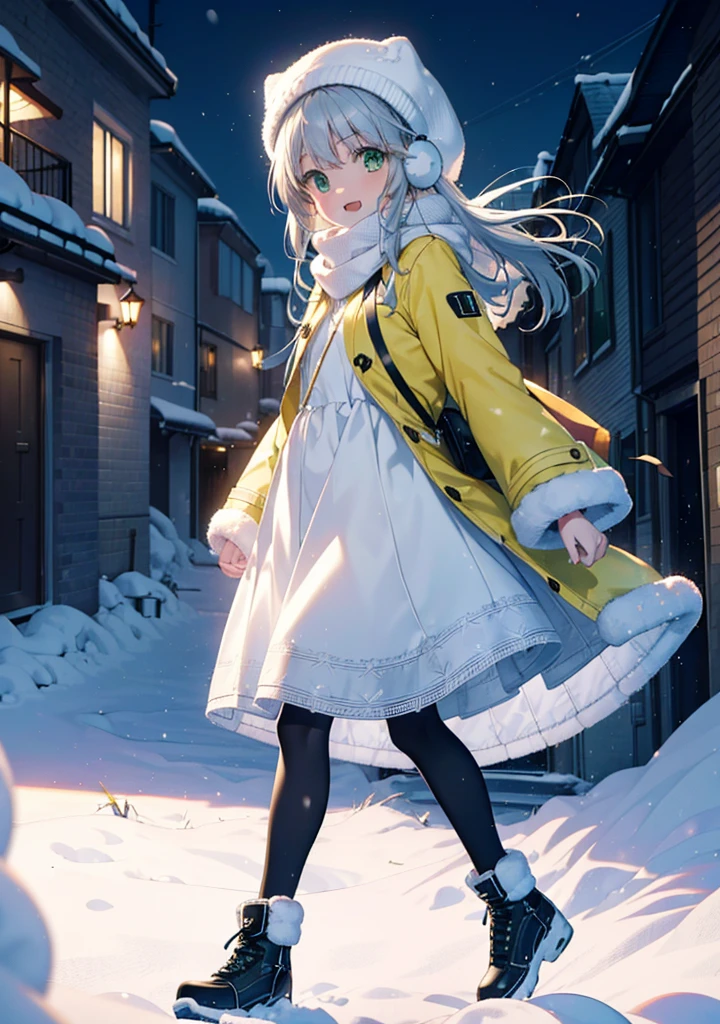 index, index, (Green Eyes:1.5), Silver Hair, Long Hair, (Flat Chest:1.2),happy smile, smile, Open your mouth,Knitted hat,Yellow long coat,White Tokkuri Sweater,Earmuffs,White scarf,Black long skirt,Black pantyhose,short boots,Walking,Snow is piled up,It's snowing,Snow Scene,Shirogane World,night,moonlight,Let the world enter your illustrations,
break looking at viewer, whole body,
break outdoors, Snow Country,Residential Street,
break (masterpiece:1.2), Highest quality, High resolution, unity 8k wallpaper, (figure:0.8), (Beautiful attention to detail:1.6), Highly detailed face, Perfect lighting, Highly detailed CG, (Perfect hands, Perfect Anatomy),