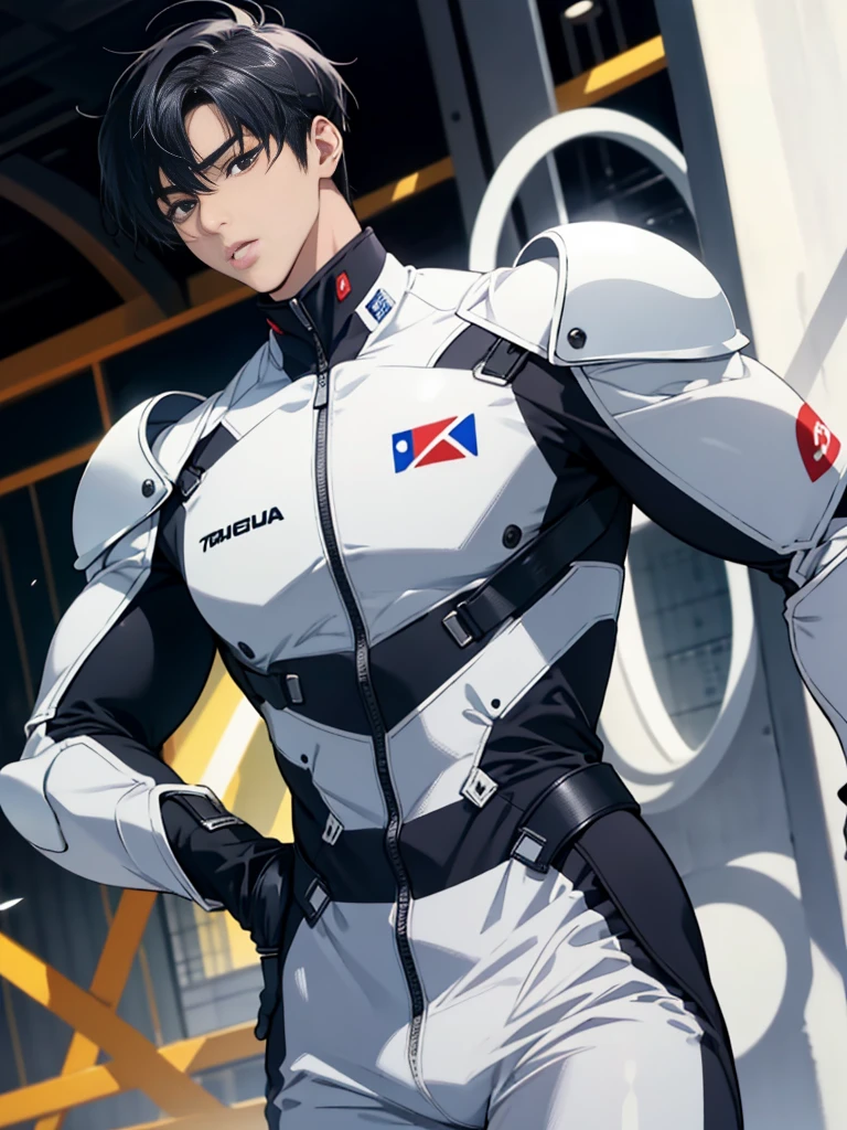 Japanese Male Model Cool 25 year old Short black hair Bright screen Close-up image Very tight white rubber suit Hero whole body, sexy