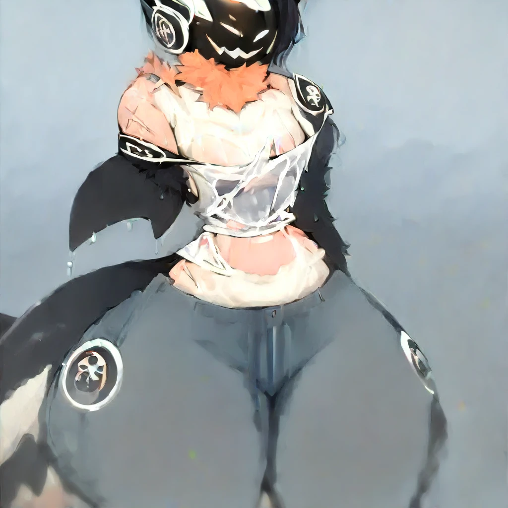 by Ross Tran, by ruan jia, by sintronic, by viola bat, by thaismotosuwa, by Coffeesoda, by Hioshiru, by asaneman, by kalnareff, by james howard, (furry protogen girl, orca girl, orca anthro, orca protogen, slick skin, fish skin), (thick thighs, small breasts, voluminous waist, wide hips), (pants, off shoulder tank top:1.2), (at watar park ), ((solo)), (big lower half of body), (scars), wet skin,