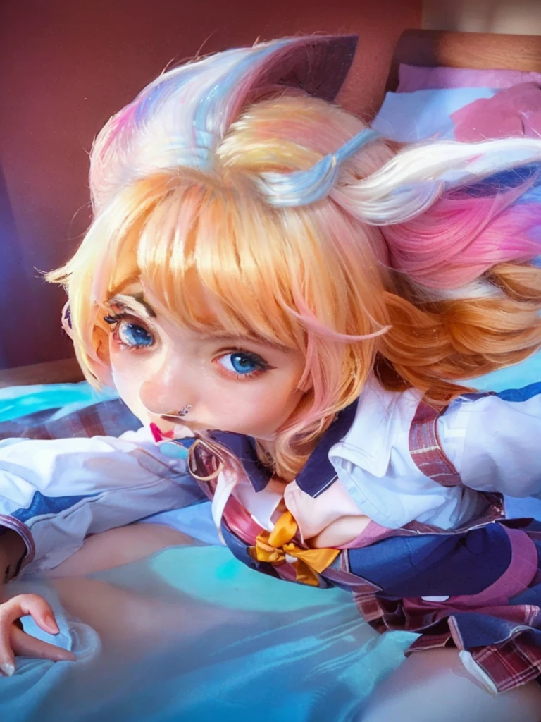 (masterpiece), (high quality), (8k resolution), (RAW photo), (best quality), (masterpiece:1.5), (realistic:1.5), ((photo realistic)), vibrant details, hyper realistic,1girl, (cute:1.2), beautiful, high-quality and detailed face, perfect face, (white hair And light pink hair:1.4), rosy cheeks, detailed eyes, (blue eyes),colorful eyes,(watery eyes),nsfw,, slender body, looking at viewer, closed mouth, real human skin, shiny skin, mid breasts, ((school uniform)), sitting, bed,