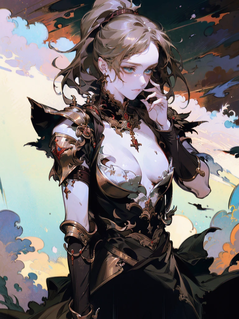 (Ultra detailed:1.2, masterpiece:1.2, best quality:1.2, high resolution:1.2, epic pose:1.2, dynamic view:1.3, (full size:1.2)) A war zone background with a dramatic landscape, heavy rain pouring down, featuring one girl with brown hair in a ponytail. She is wearing armor clothing, including a breastplate. Her face is dirty and has bloodstains, set against a dark, ominous sky.  [yoshitaka amano character design grief despair lustful innocence] [Style by NTY Female Dark colorful]