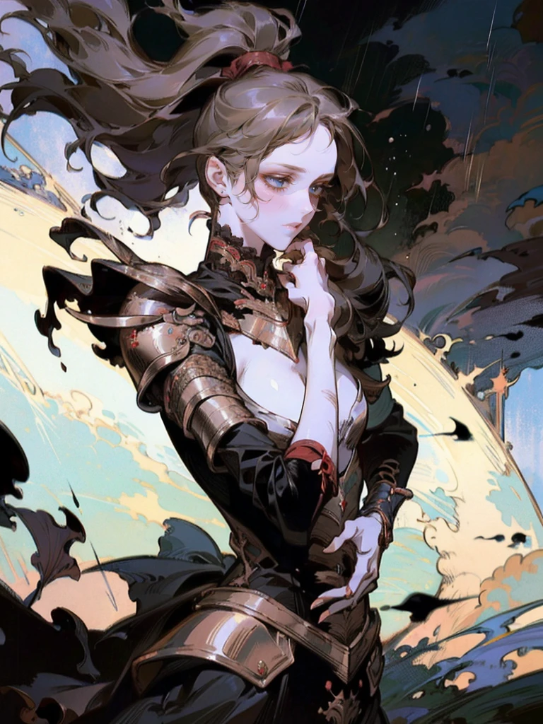 (Ultra detailed:1.2, masterpiece:1.2, best quality:1.2, high resolution:1.2, epic pose:1.2, dynamic view:1.3, (full size:1.2)) A war zone background with a dramatic landscape, heavy rain pouring down, featuring one girl with brown hair in a ponytail. She is wearing armor clothing, including a breastplate. Her face is dirty and has bloodstains, set against a dark, ominous sky.  [yoshitaka amano character design grief despair lustful innocence] [Style by NTY Female Dark colorful]