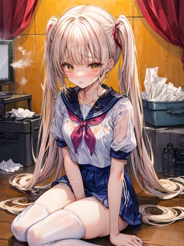 The whole body is covered in oilで光沢感がある　A large amount of rolled up tissue paper,　 There are lots of crumpled, dirty tissues on the ground,　Excessive sweat on the face,Sweat dripping down,Sitting on a dirty bed,　Dirty futon with golden yellow stains　Dirty old gym mat ,Gymnasium Warehouse,　Lots of rolled up tissue paper on the floor ,　Garbage is scattered everywhere,　Very dirty gym mat, 　 Messy room,　Scared　I am going to cry　Embarrassing　Dimly lit room　Hardwood Floors　Scattered rolled tissue paper　Upper body sailor suit, Lower body skirt swimsuit　Inner swimwear　high school student　Illustration Style　Anime Style　Small lips　Frightened face　Baby Face　beautiful girl　Very cute clothes　Cheeks pink　Long twin tails　Blonde long hair　super curly hair　Super long sideburns　Rubber clothing　hair band　Wet and see-through pearl white silk tights　White super long boots　Big eyes　Droopy eyes　Stern expression　Shocking Pink Rouge　Sweating profusely　　Crushed tissue paper　The whole body is wet from rain　Mucus clings to the whole body　Steam is emitted from the whole body　Steam rising across the screen.　White Breath　Sigh　The whole body is covered in oil　evening　Overall orange background　Sunset sunshine