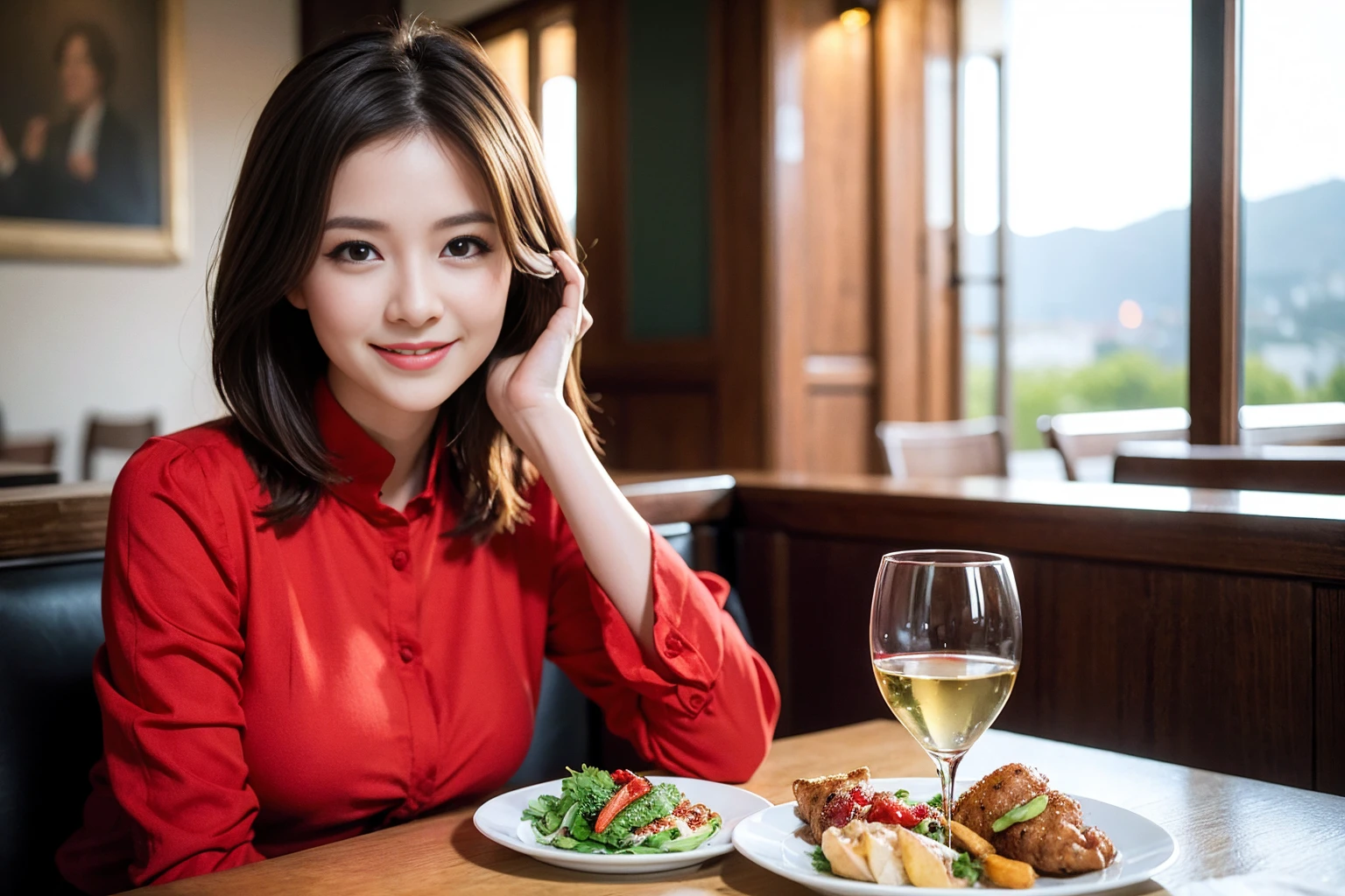 ((Highest quality、8K、masterpiece:1.3))、cute、slimカップル、modelカップル、actress男優、(Realistic, Intricate details:1.2), full-course dinner、Wine Party、Amazing view of the sunset sky and clouds、A bright smile、short hair,Bright Face、 (Age 45), 42 years old, red wine 、Appetizers、Italian food、Wine bottle、Champagne、sparkling wine、Two beauties、Brown Hair、Shortcuts、Long sleeve shirt、dress、Beautiful woman 1, (slimな顔), (The body is slim), (Brown Hair), (Shortcuts), cheeks turn a little red,Attractive beauty、restaurant, In a prominent place (From the waist up) Nova Frog Style, actress, model, Upper Body, White wine, slim, wine glass, 中央に置かれたwine glass, smile, (smile: 1.15), Beautiful fine grain, Depth f/2,saturation, High Contrast, Strong light and shadow,Moist Body:1.5、3D texture、Delicate eyes、Brown Hair、The hair is very shiny、