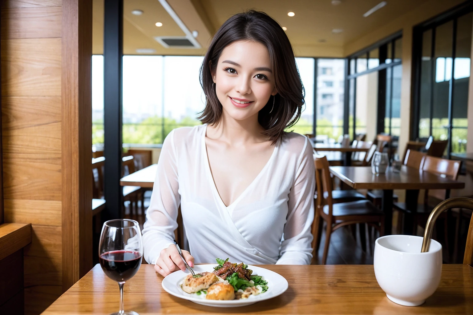 ((Highest quality、8K、masterpiece:1.3))、cute、slimカップル、modelカップル、actress男優、(Realistic, Intricate details:1.2), full-course dinner、Wine Party、Amazing view of the sunset sky and clouds、A bright smile、short hair,Bright Face、 (Age 45), 42 years old, red wine 、Appetizers、Italian food、Wine bottle、Champagne、sparkling wine、Two beauties、Brown Hair、Shortcuts、Long sleeve shirt、dress、Beautiful woman 1, (slimな顔), (The body is slim), (Brown Hair), (Shortcuts), cheeks turn a little red,Attractive beauty、restaurant, In a prominent place (From the waist up) Nova Frog Style, actress, model, Upper Body, White wine, slim, wine glass, 中央に置かれたwine glass, smile, (smile: 1.15), Beautiful fine grain, Depth f/2,saturation, High Contrast, Strong light and shadow,Moist Body:1.5、3D texture、Delicate eyes、Brown Hair、The hair is very shiny、
