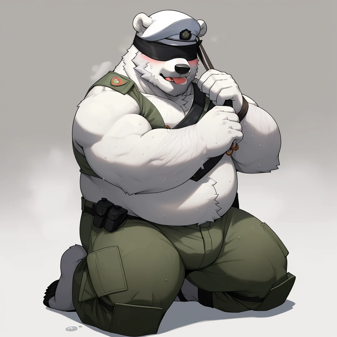 masterpiece, best quality, 8k resolution, Very detailed, hairy,(((polar bear)),(((Mature))),(((beard))),(((fat))),(((White hair all over body))),(((portrait))),(((White hair))),(((Kneeling))),(((Blindfolded))),(((Military cap))),Highest quality scene,(((Hip bulge))),(((Officers' uniforms))),(((Fat-enclosed muscle))),(((Round face))),(((On the battlefield))),(((Sticking out the tongue))),(((Hands are tied))),(((Shameful))),(((many people's))),(((Shirtless))),(((hat))),(((sweaty))),(((Blushing))),(((Looked up))),(((Nipple Rings)))