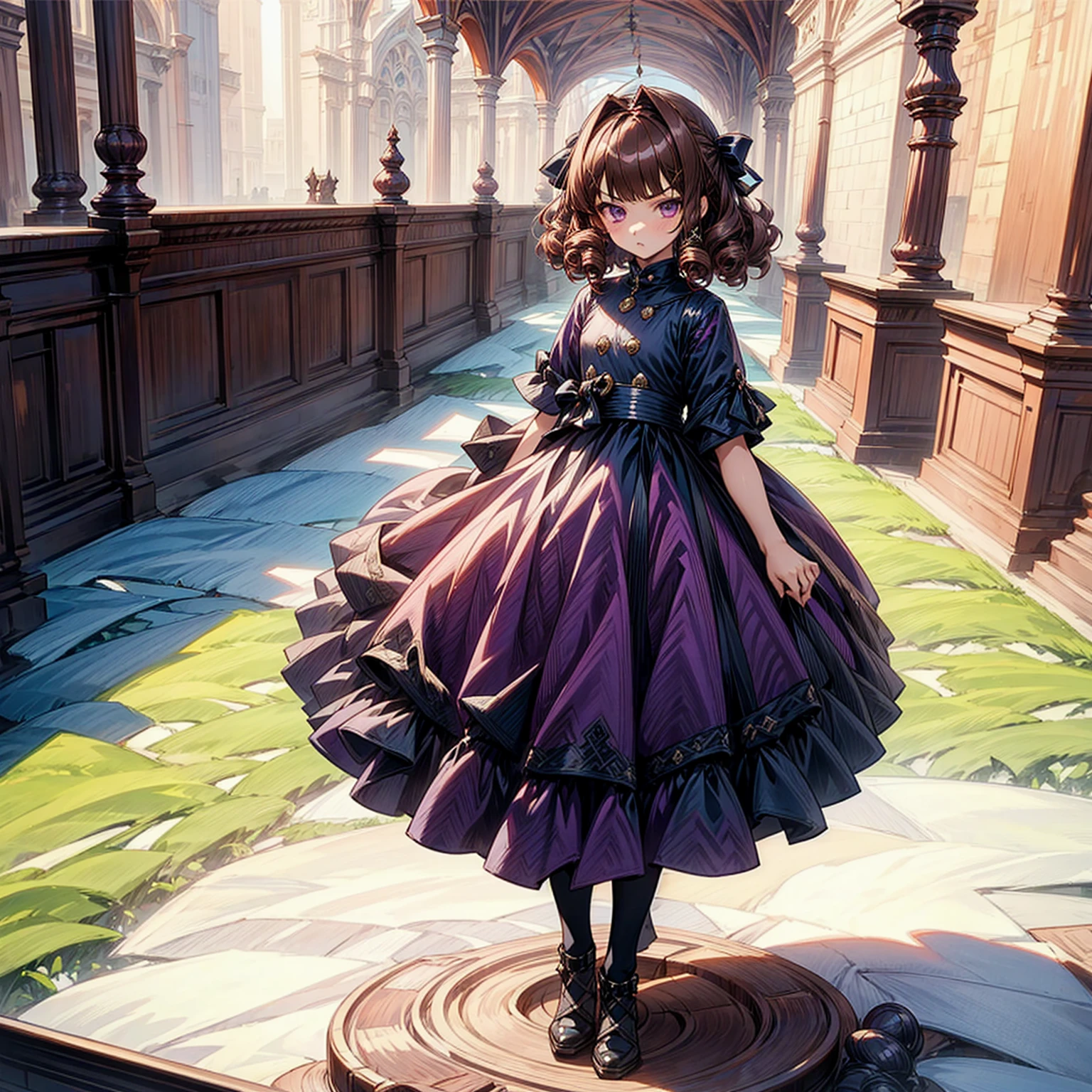 1childern girl, Full body version, 1character, children version, purple eyes color, bob haircut, brown colour hair, Queen style clothing, Grassroots, background in castle, motion blur, cute girl, (Hunter x Hunter style)