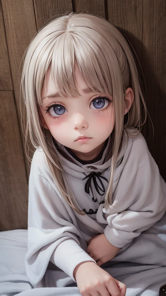 a sad little girl, Sad eyes, I&#39;m about to cry, (Expression of fear), Shy face, A look of horror, 10 years old, actual, (She is wearing loose panties), (city in ruins), Sitting in a shabby old armchair, She wears a protruding, soft underwear, The private parts are completely relaxed, [NFSW,], Face turned to the left, Messy platinum short hair,  Hair tied with a red bow, Detailed face, Freckles, masterpiece,