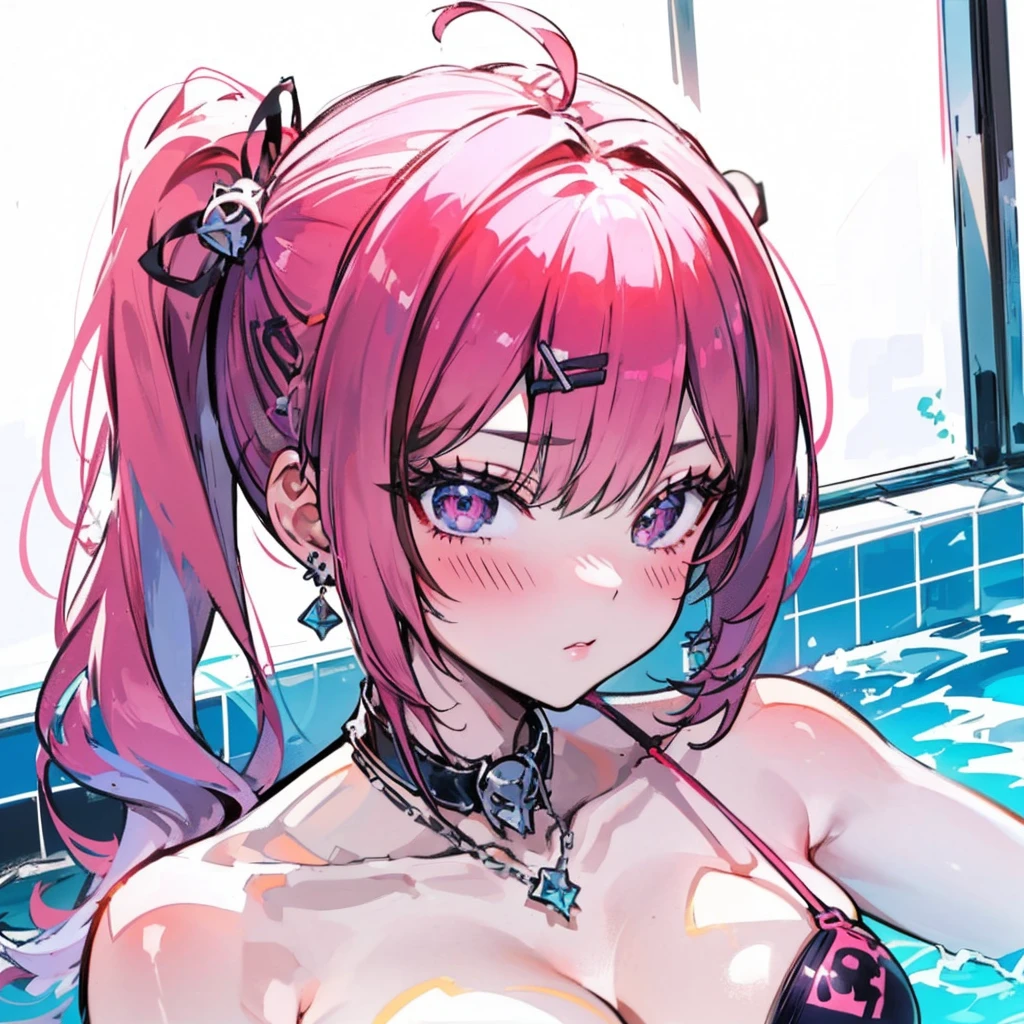 blue necklace, Gold earrings, fit, Gorgeous body, nice, Large pupils, (23 years old), One girl,alone, Complex skin, Warm Light, (Large Breasts), wide thighs, Round ass, Five fingers, ((Blushing)), ((Detailed face, Highest quality)),(beautiful細部までこだわった目), Red lips, eye shadow, beautiful顔, Long Hair, Very fine grain, intricate details of the eye, Perfect Lips, Good lighting, ((masterpiece, Highest quality, High resolution, Super detailed),(beautifully、審美的にもbeautiful:1.2, Showing off the most body), 1 female, High short ponytail, beautiful, Detailed eyes and face, Amazing cleavage , ((Tiny top and latex panty bottoms)), swimming pool, Complex parts,