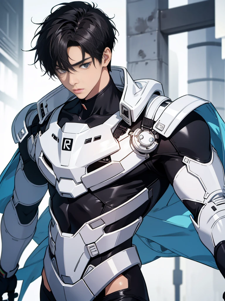 Japanese Male Model Cool 25 year old Short black hair Bright screen Close-up image Very tight white rubber suit Hero whole body, sexy