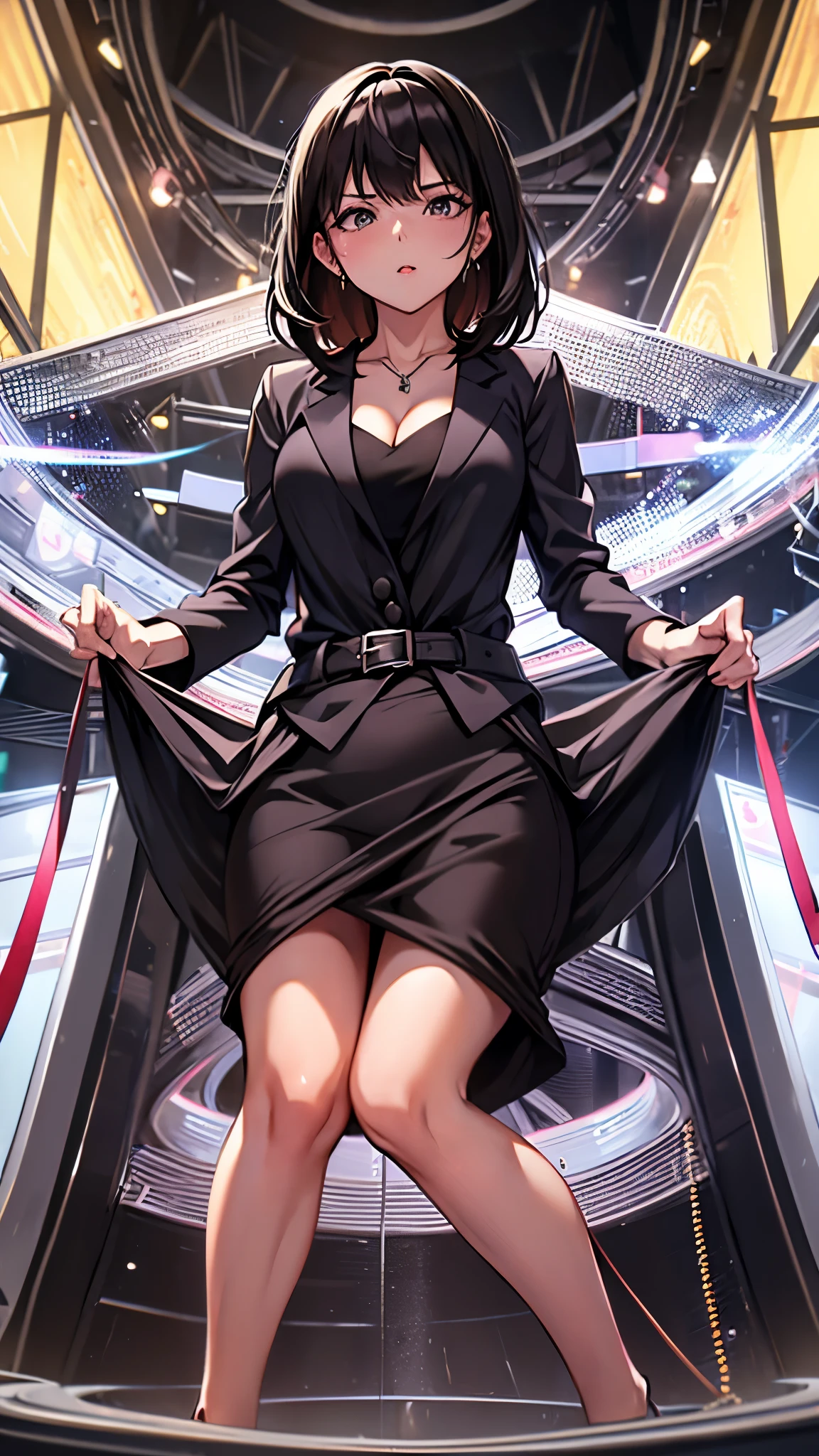 skirtlift,Black Hair,suit,blouse,Pencil Skirt,Cleavage,From below,On all fours:1.5 News Programs,studio,Live Broadcast,Open your legs as wide as you can,M-shaped legs,orgasm