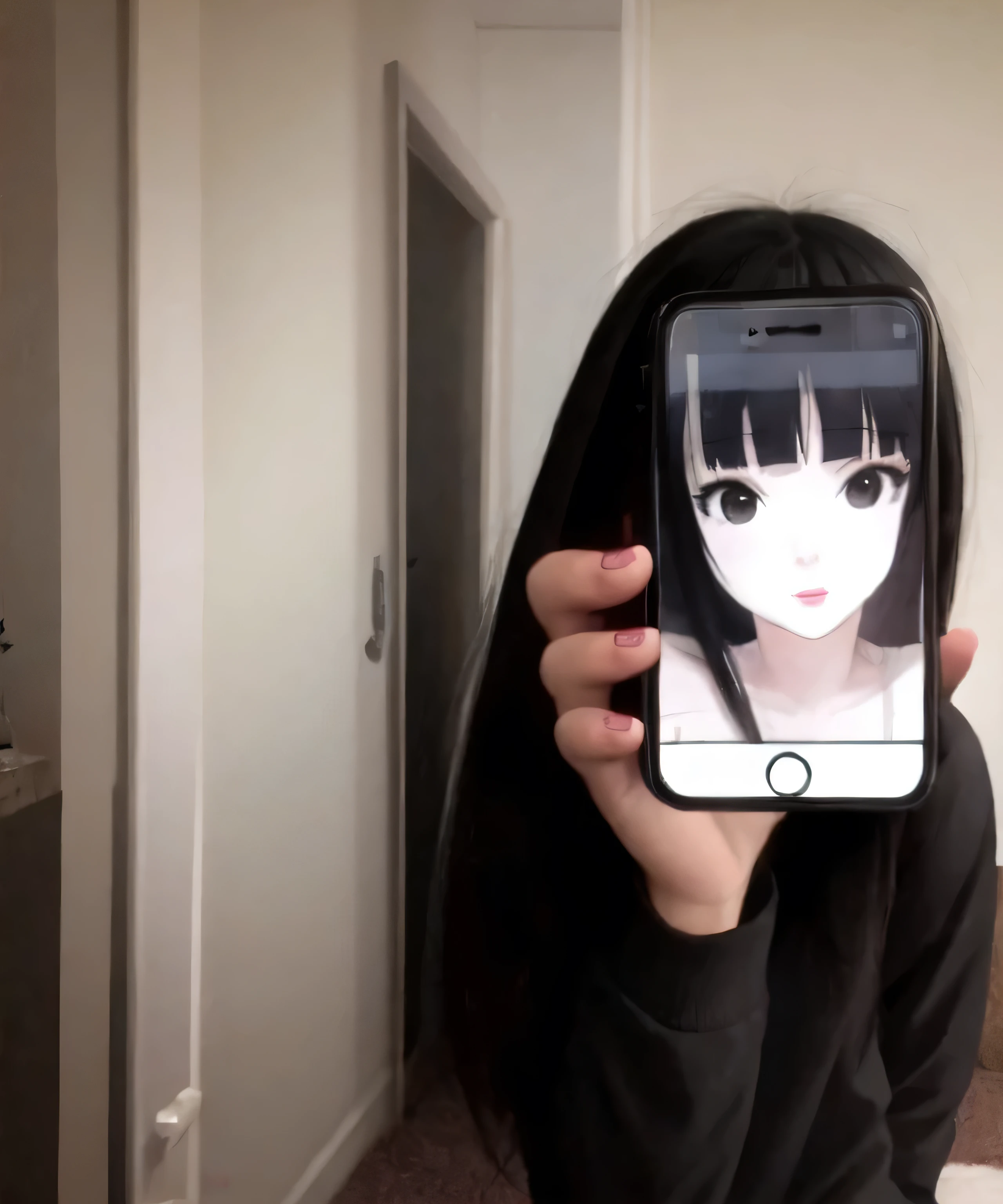 w_phone,1 girl,alone,Long hair,black hair,blunt bangs,black eyes,lips,ass pov,pale skin,holding phone,(((casual))),