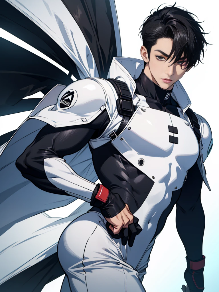 Japanese Male Model Cool 25 year old Short black hair Bright screen Close-up image Very tight white rubber suit Hero whole body, sexy