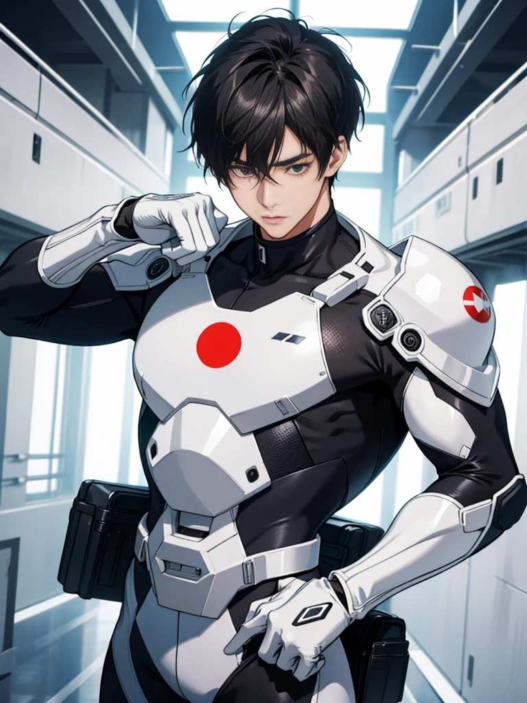Japanese Male Model Cool 25 year old Short black hair Bright screen Close-up image Very tight white rubber suit Hero whole body, sexy