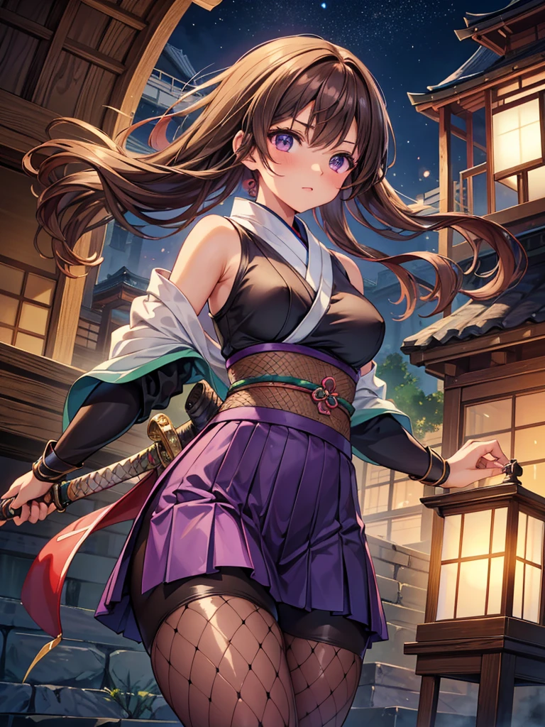 (Highest quality)), ((Masterpiece)), (Familiar), Perfect face, glossy skin, beautiful breasts, how, shiny skin, Kyoto animation-style painting, emerald brown hair, tanned skin, night, Holding a Japanese sword, ruins, fighting posture, fishnet tights, knitting hair, spats, inside, Kunoichi's clothes, purple clothes