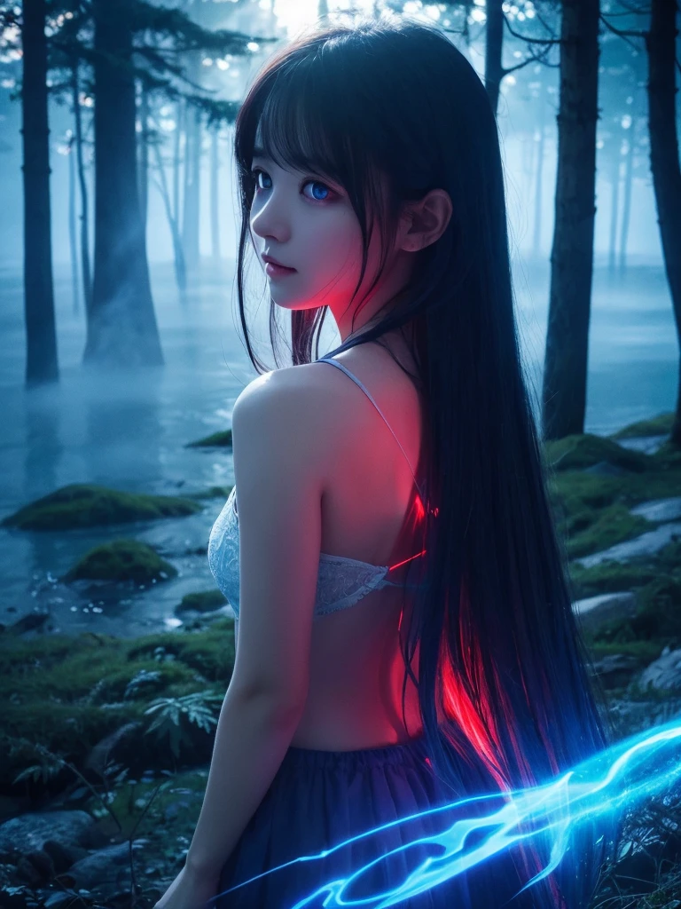 Blue Flame、ghost、Dark Forest、night、深night、Red eyes、Apparition、mysterious、lake、Foggy、turn around、spirit、Illusion、woman、turn around、Hair fluttering in the wind、Copyright circumvention、Blue light、red eyes、lake