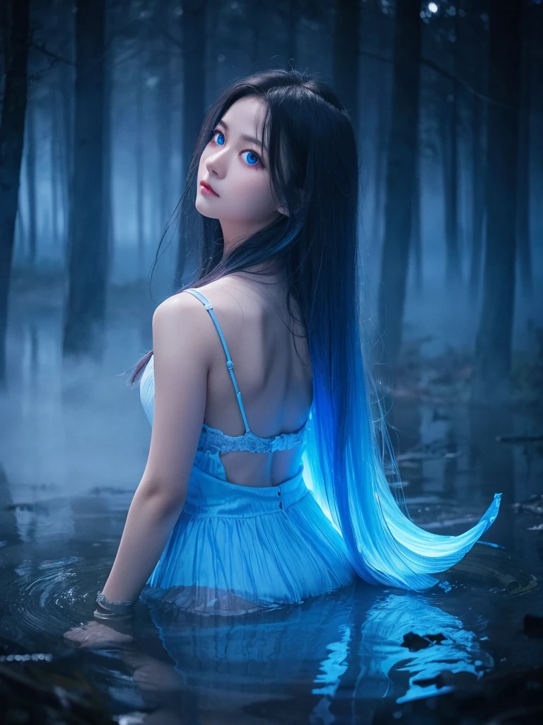 Blue Flame、ghost、Dark Forest、night、深night、Red eyes、Apparition、mysterious、lake、Foggy、turn around、spirit、Illusion、woman、turn around、Hair fluttering in the wind、Copyright circumvention、Blue light、red eyes、lake