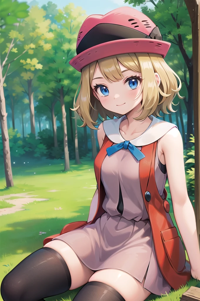 pkmnserena, 1girl, solo, blue eyes, blonde hair, short hair, bangs, hat, red headwear,
pink dress, ribbon, sleeveless, neck ribbon, blue ribbon, vest, black thighhighs,
smile,closed mouth,cowboy shot,sitting,
forest,outdoor,
(insanely detailed, beautiful detailed face, masterpiece, best quality) cinematic lighting,